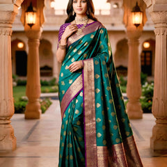 Emerald Green & Purple Jacquard Woven Saree with Gold Zari Motifs, Rich Border & Designer Pallu