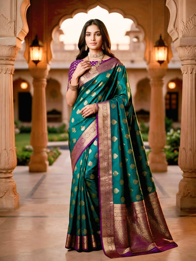 Emerald Green & Purple Jacquard Woven Saree with Gold Zari Motifs, Rich Border & Designer Pallu