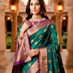 Emerald Green & Purple Jacquard Woven Saree with Gold Zari Motifs, Rich Border & Designer Pallu