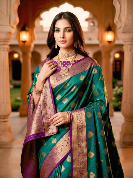 Emerald Green & Purple Jacquard Woven Saree with Gold Zari Motifs, Rich Border & Designer Pallu