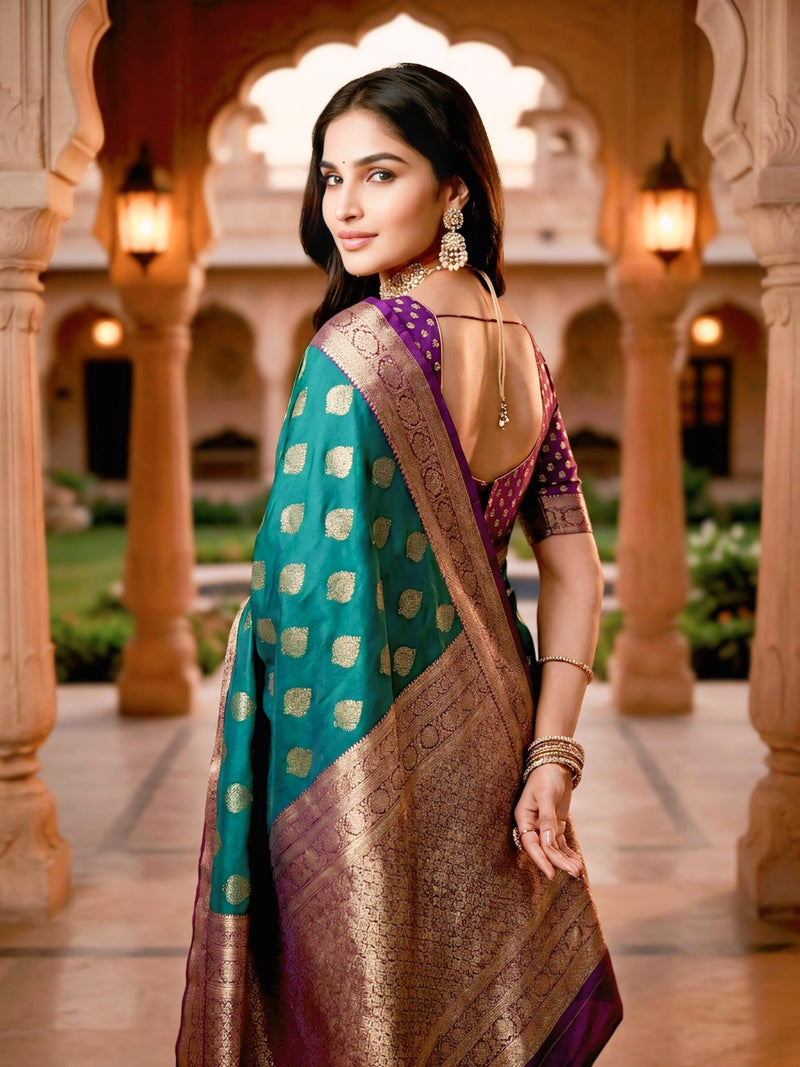 Emerald Green & Purple Jacquard Woven Saree with Gold Zari Motifs, Rich Border & Designer Pallu