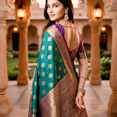 Emerald Green & Purple Jacquard Woven Saree with Gold Zari Motifs, Rich Border & Designer Pallu