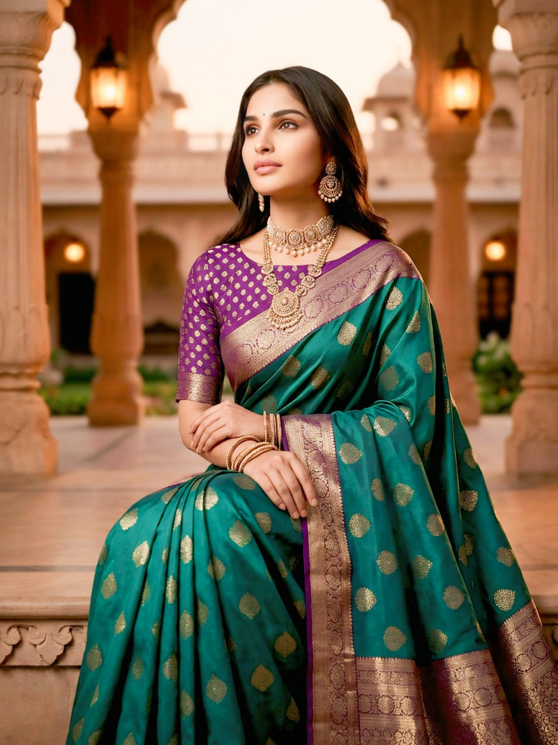Emerald Green & Purple Jacquard Woven Saree with Gold Zari Motifs, Rich Border & Designer Pallu