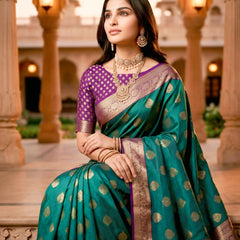 Emerald Green & Purple Jacquard Woven Saree with Gold Zari Motifs, Rich Border & Designer Pallu