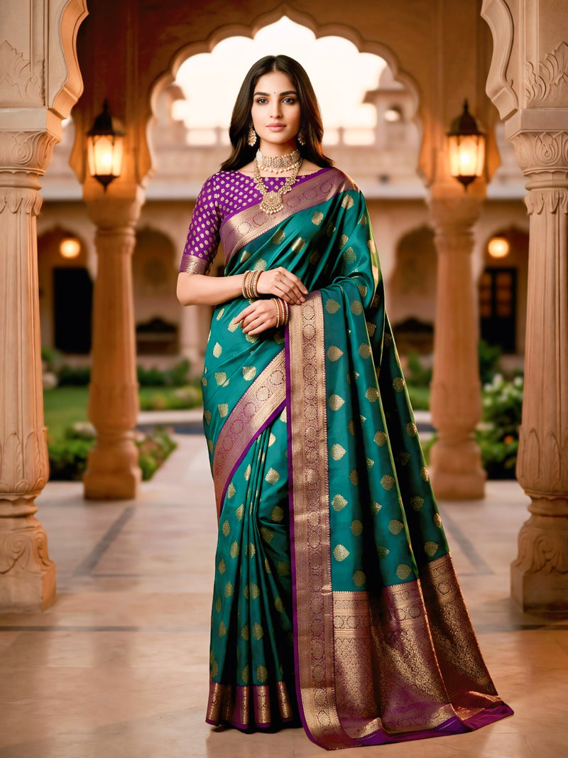 Emerald Green & Purple Jacquard Woven Saree with Gold Zari Motifs, Rich Border & Designer Pallu