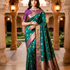 Emerald Green & Purple Jacquard Woven Saree with Gold Zari Motifs, Rich Border & Designer Pallu