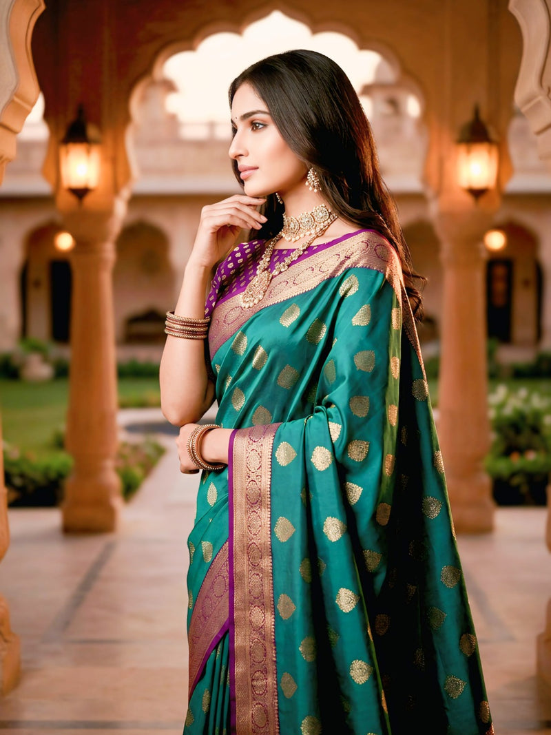 Emerald Green & Purple Jacquard Woven Saree with Gold Zari Motifs, Rich Border & Designer Pallu