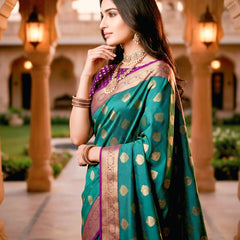 Emerald Green & Purple Jacquard Woven Saree with Gold Zari Motifs, Rich Border & Designer Pallu