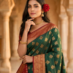 Women's Bottle Green & Maroon Jacquard Woven Saree with Gold Zari Motifs, Rich Border & Designer Pallu