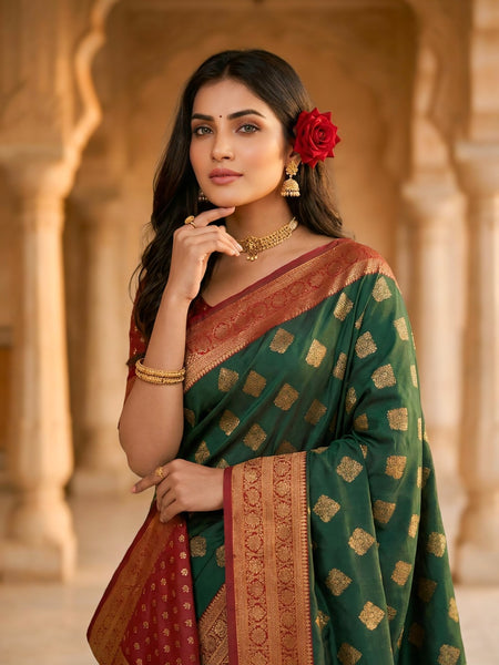 Women's Bottle Green & Maroon Jacquard Woven Saree with Gold Zari Motifs, Rich Border & Designer Pallu