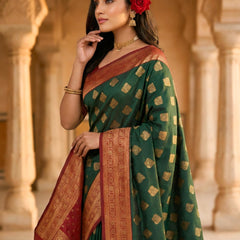 Women's Bottle Green & Maroon Jacquard Woven Saree with Gold Zari Motifs, Rich Border & Designer Pallu