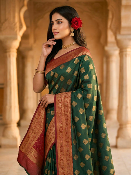 Women's Bottle Green & Maroon Jacquard Woven Saree with Gold Zari Motifs, Rich Border & Designer Pallu