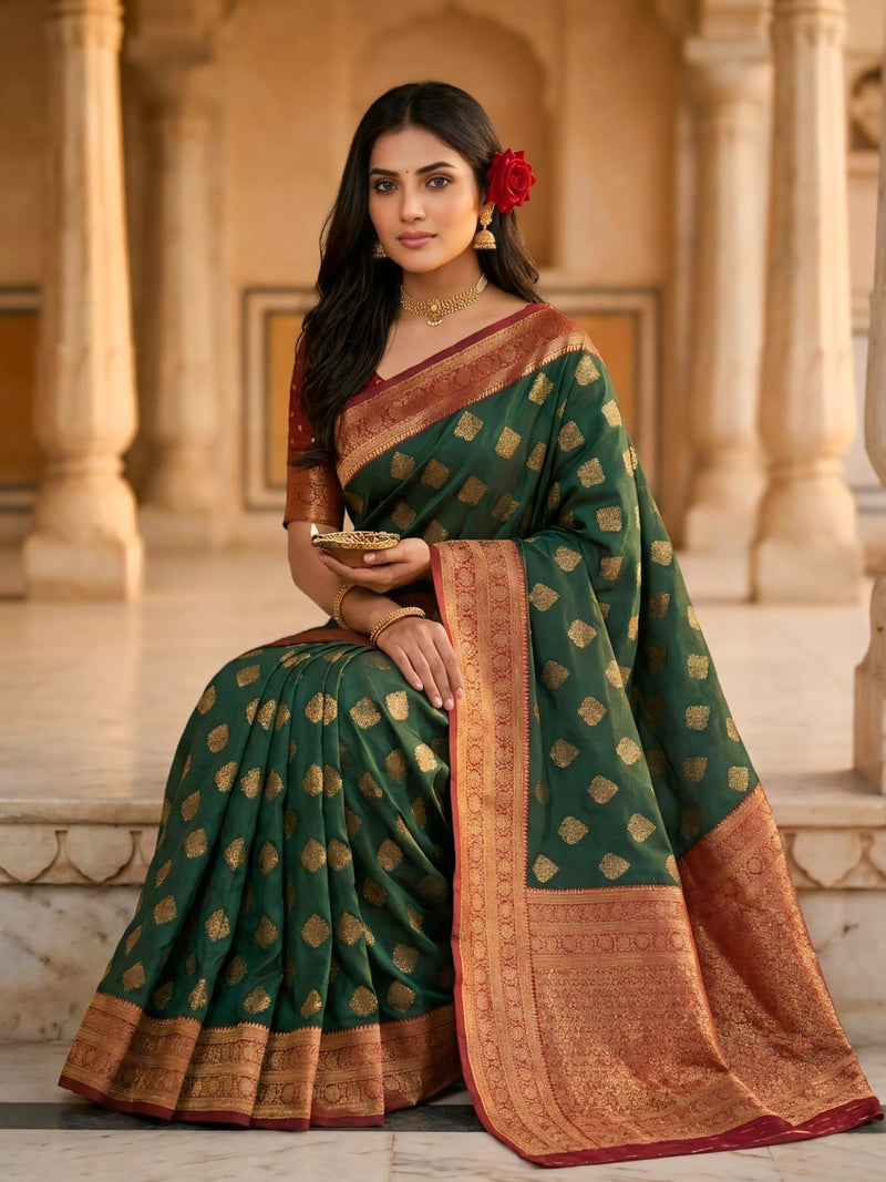 Women's Bottle Green & Maroon Jacquard Woven Saree with Gold Zari Motifs, Rich Border & Designer Pallu