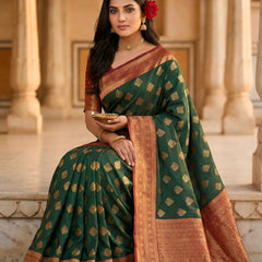 Women's Bottle Green & Maroon Jacquard Woven Saree with Gold Zari Motifs, Rich Border & Designer Pallu