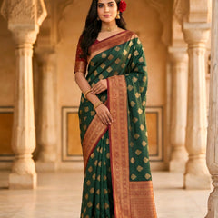 Women's Bottle Green & Maroon Jacquard Woven Saree with Gold Zari Motifs, Rich Border & Designer Pallu