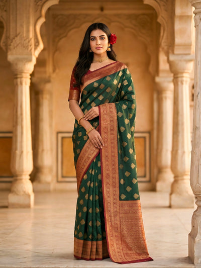 Women's Bottle Green & Maroon Jacquard Woven Saree with Gold Zari Motifs, Rich Border & Designer Pallu