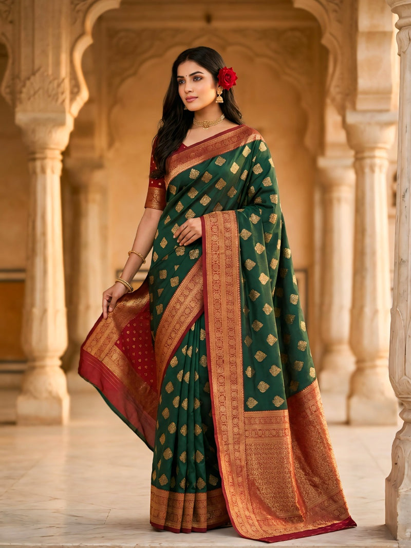 Women's Bottle Green & Maroon Jacquard Woven Saree with Gold Zari Motifs, Rich Border & Designer Pallu