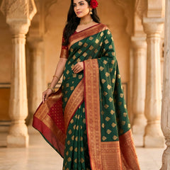 Women's Bottle Green & Maroon Jacquard Woven Saree with Gold Zari Motifs, Rich Border & Designer Pallu
