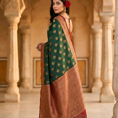 Women's Bottle Green & Maroon Jacquard Woven Saree with Gold Zari Motifs, Rich Border & Designer Pallu