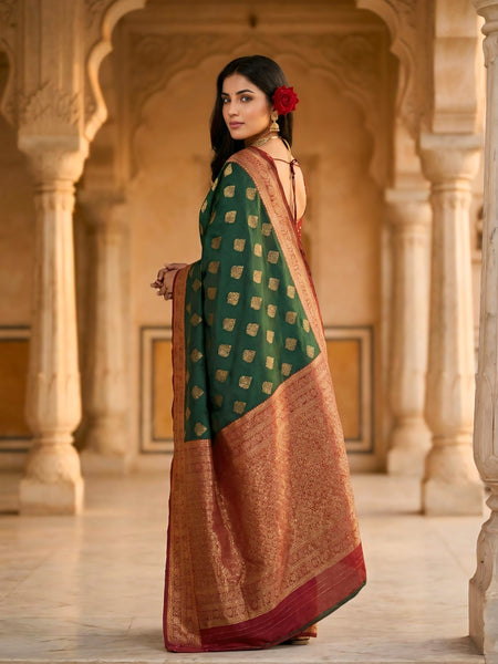 Women's Bottle Green & Maroon Jacquard Woven Saree with Gold Zari Motifs, Rich Border & Designer Pallu