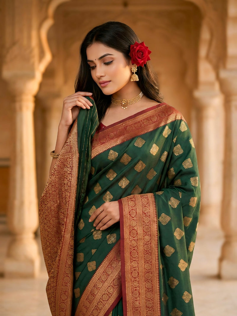 Women's Bottle Green & Maroon Jacquard Woven Saree with Gold Zari Motifs, Rich Border & Designer Pallu