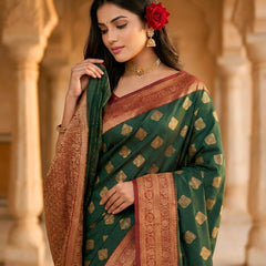 Women's Bottle Green & Maroon Jacquard Woven Saree with Gold Zari Motifs, Rich Border & Designer Pallu