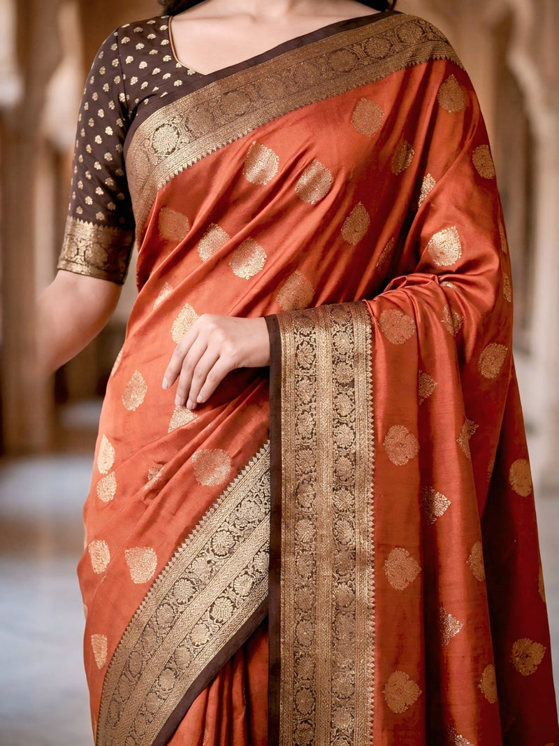 Women's Rust Orange & Antique Gold Jacquard Woven Saree with Gold Zari Motifs, Rich Border & Designer Pallu