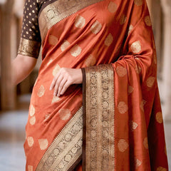 Women's Rust Orange & Antique Gold Jacquard Woven Saree with Gold Zari Motifs, Rich Border & Designer Pallu