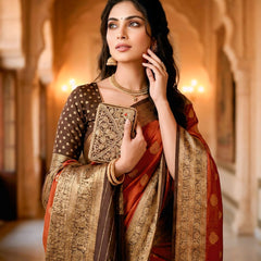 Women's Rust Orange & Antique Gold Jacquard Woven Saree with Gold Zari Motifs, Rich Border & Designer Pallu