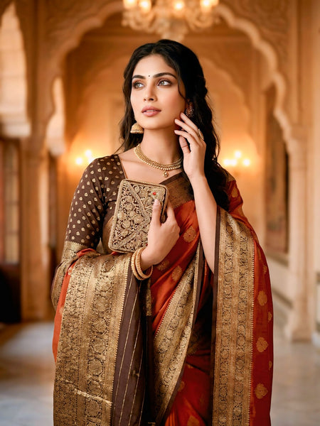 Women's Rust Orange & Antique Gold Jacquard Woven Saree with Gold Zari Motifs, Rich Border & Designer Pallu