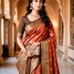 Women's Rust Orange & Antique Gold Jacquard Woven Saree with Gold Zari Motifs, Rich Border & Designer Pallu