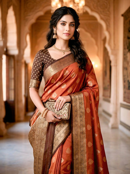 Women's Rust Orange & Antique Gold Jacquard Woven Saree with Gold Zari Motifs, Rich Border & Designer Pallu