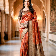 Women's Rust Orange & Antique Gold Jacquard Woven Saree with Gold Zari Motifs, Rich Border & Designer Pallu