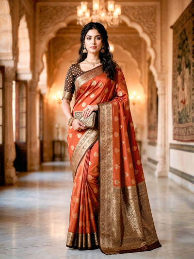 Women's Rust Orange & Antique Gold Jacquard Woven Saree with Gold Zari Motifs, Rich Border & Designer Pallu