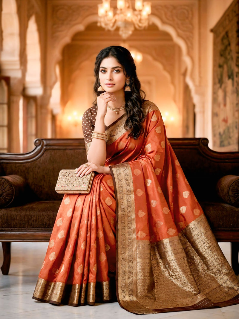 Women's Rust Orange & Antique Gold Jacquard Woven Saree with Gold Zari Motifs, Rich Border & Designer Pallu