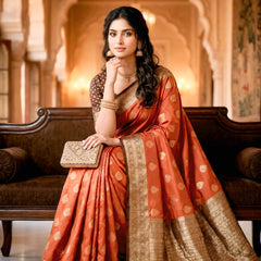 Women's Rust Orange & Antique Gold Jacquard Woven Saree with Gold Zari Motifs, Rich Border & Designer Pallu