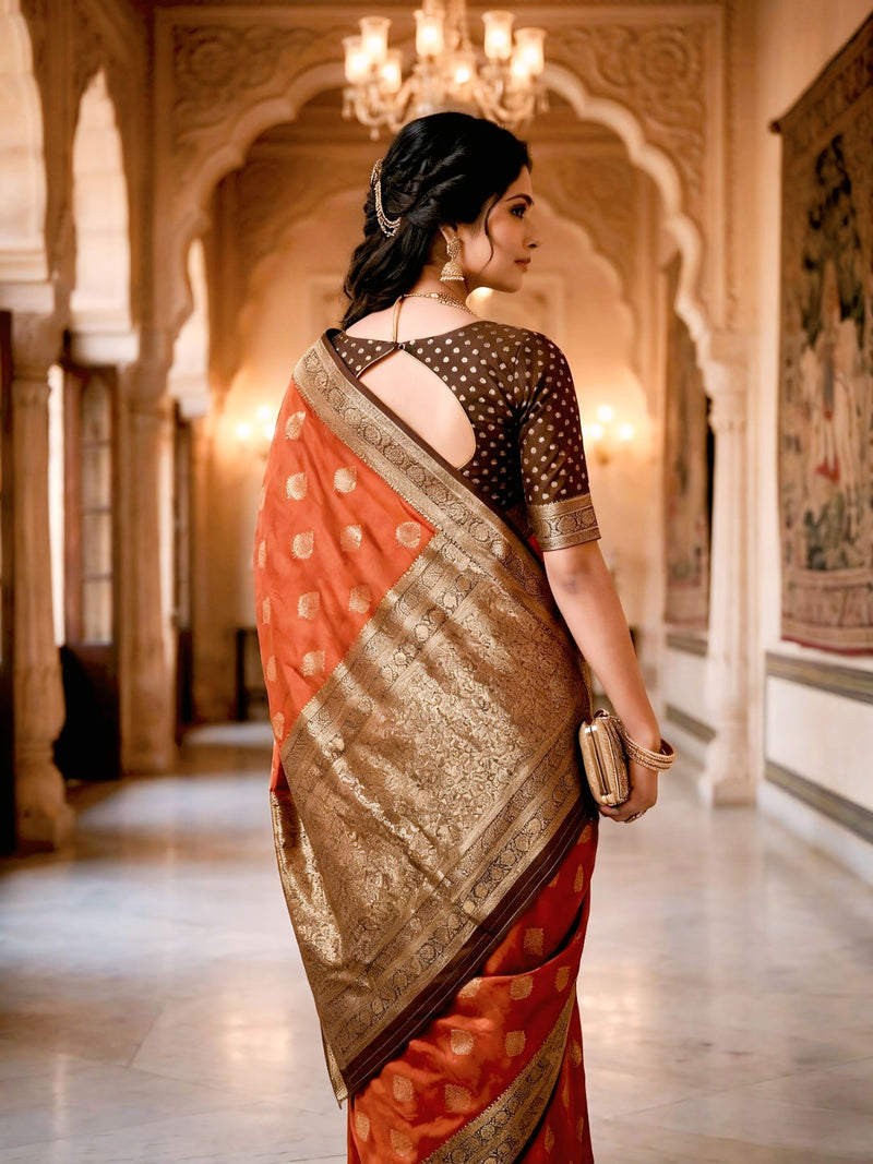 Women's Rust Orange & Antique Gold Jacquard Woven Saree with Gold Zari Motifs, Rich Border & Designer Pallu