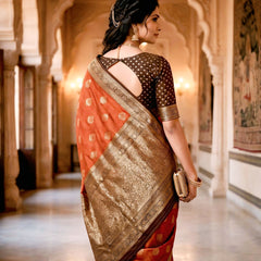 Women's Rust Orange & Antique Gold Jacquard Woven Saree with Gold Zari Motifs, Rich Border & Designer Pallu
