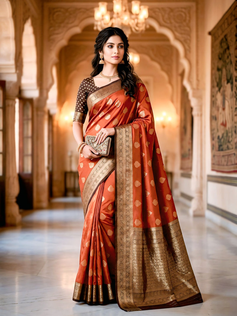 Women's Rust Orange & Antique Gold Jacquard Woven Saree with Gold Zari Motifs, Rich Border & Designer Pallu
