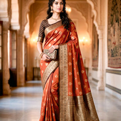 Women's Rust Orange & Antique Gold Jacquard Woven Saree with Gold Zari Motifs, Rich Border & Designer Pallu