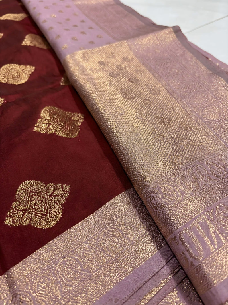 Maroon & Lavender Woven Saree with Gold Zari Motifs, Contrast Border & Rich Pallu