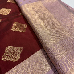 Maroon & Lavender Woven Saree with Gold Zari Motifs, Contrast Border & Rich Pallu
