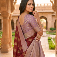 Maroon & Lavender Woven Saree with Gold Zari Motifs, Contrast Border & Rich Pallu
