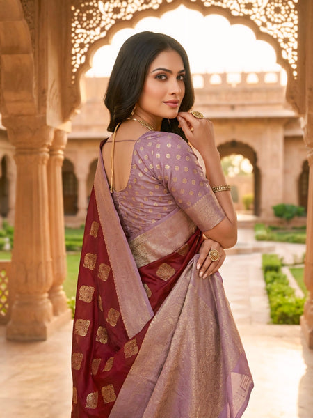 Maroon & Lavender Woven Saree with Gold Zari Motifs, Contrast Border & Rich Pallu