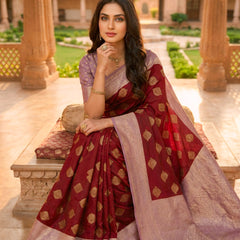 Maroon & Lavender Woven Saree with Gold Zari Motifs, Contrast Border & Rich Pallu