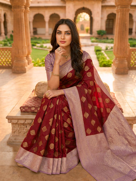 Maroon & Lavender Woven Saree with Gold Zari Motifs, Contrast Border & Rich Pallu