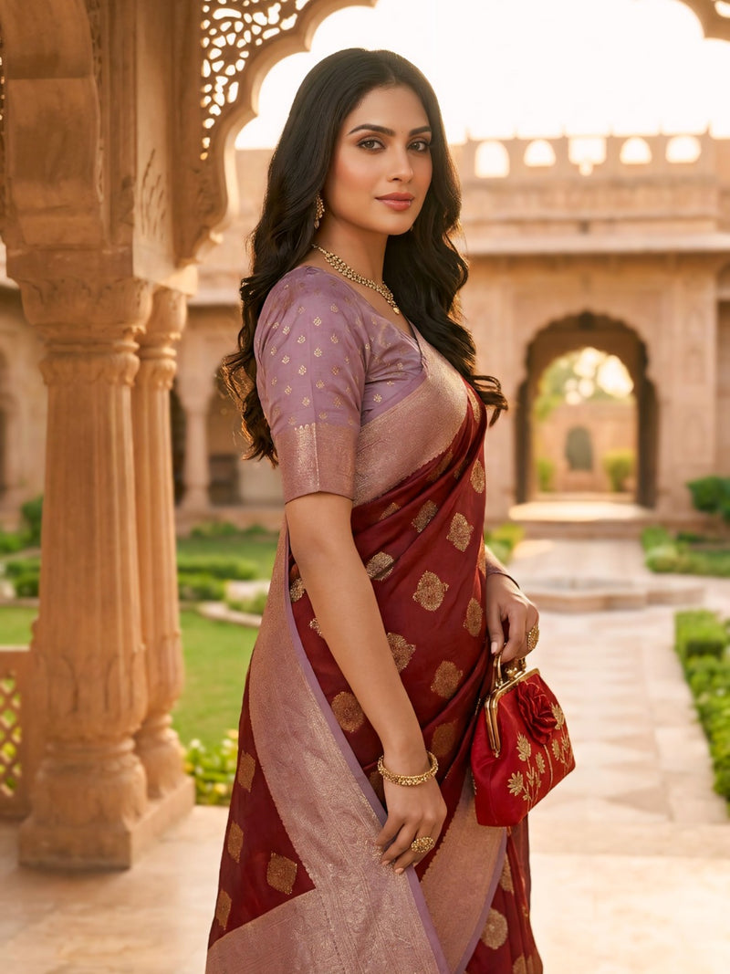 Maroon & Lavender Woven Saree with Gold Zari Motifs, Contrast Border & Rich Pallu
