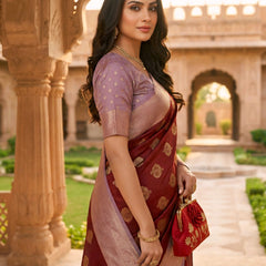 Maroon & Lavender Woven Saree with Gold Zari Motifs, Contrast Border & Rich Pallu