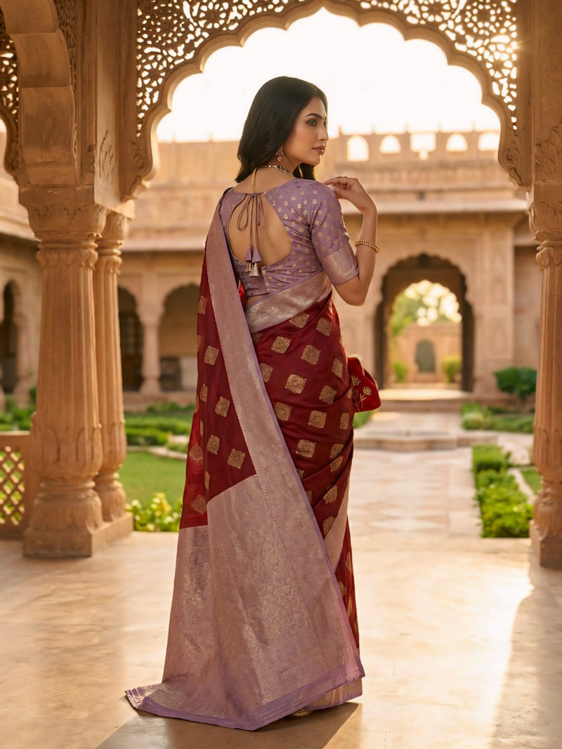 Maroon & Lavender Woven Saree with Gold Zari Motifs, Contrast Border & Rich Pallu