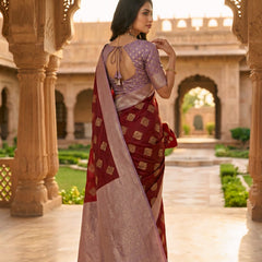 Maroon & Lavender Woven Saree with Gold Zari Motifs, Contrast Border & Rich Pallu